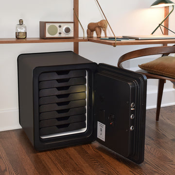 Inside of a graphite colored Cocono 40 home fire safe - medium size safe with drawers.