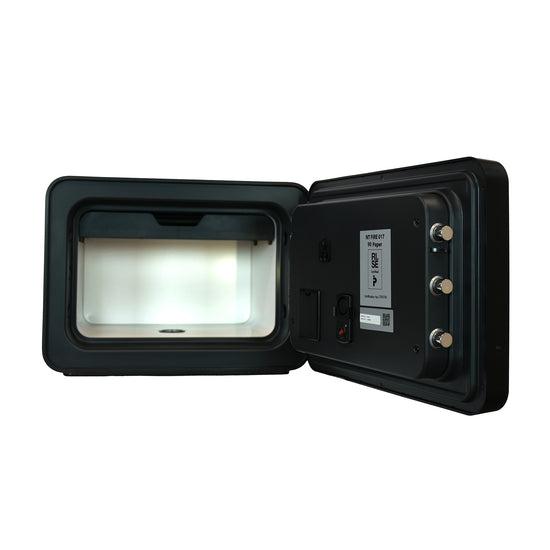 Modern biometric safes in pop colors: Cocono Chroma 20 small safe interior showing security features and drawer