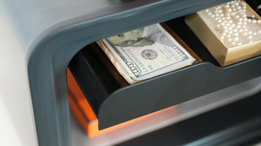 Cocono Chroma 15 Mini Fireproof Cash Safe showing money and pearls