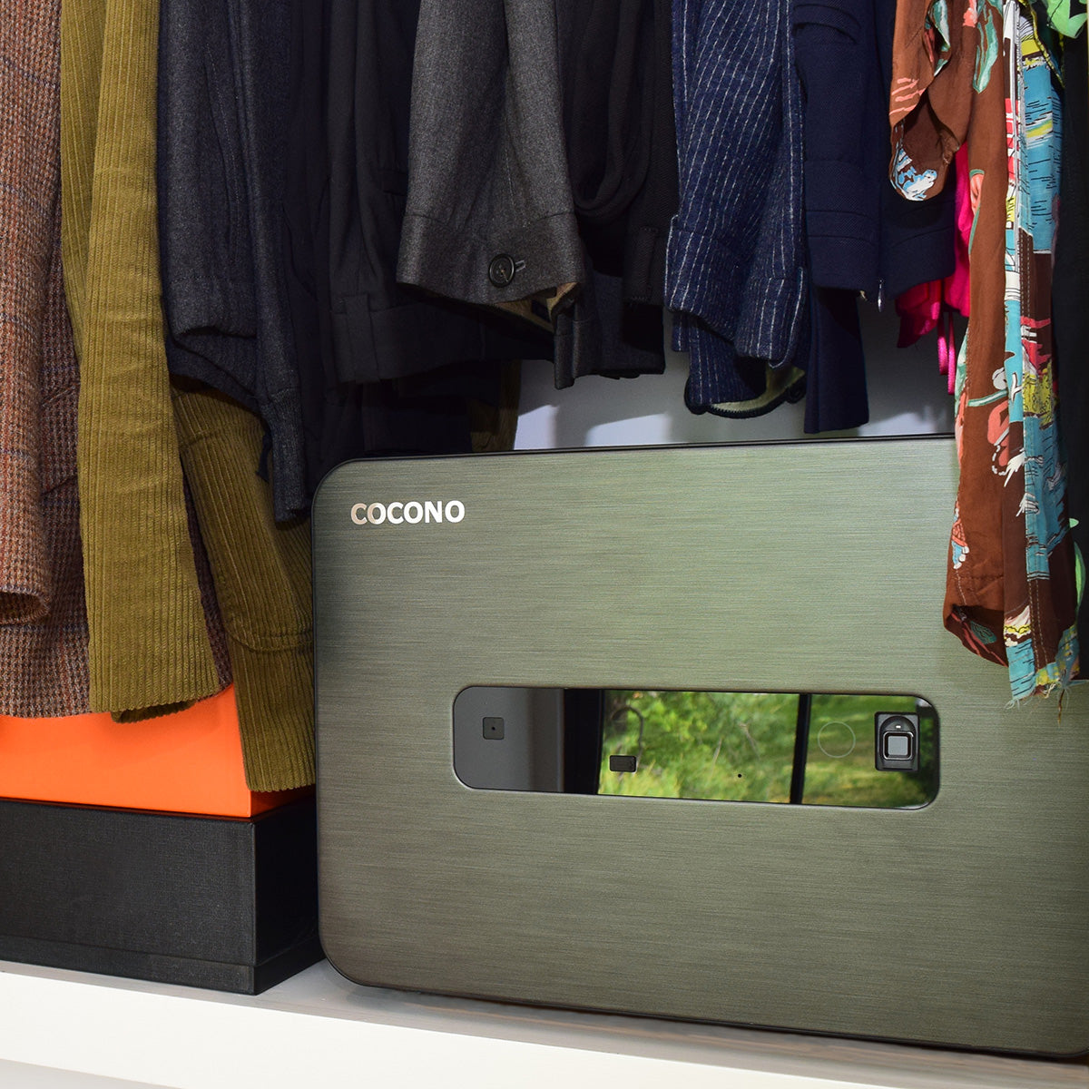 Cocono 20 small closet safe in Graphite in an apartment.