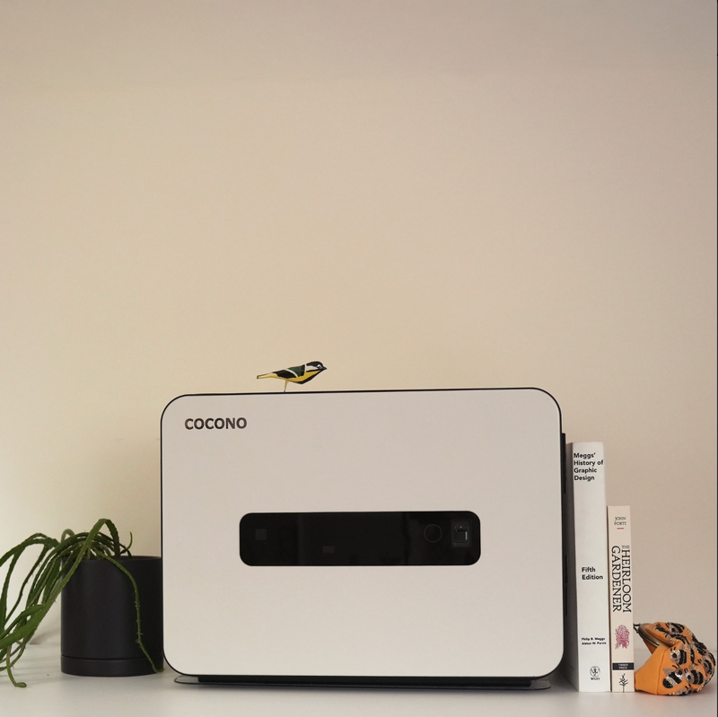 Cocono 20 small luxury safe in ivory white, shown with wooden bird