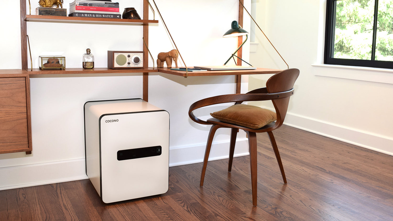 Medium size luxury safe: Ivory white Cocono 40 fire resistant home safe, fireproof office safe for secure storage and organization. Shown in modern home office.