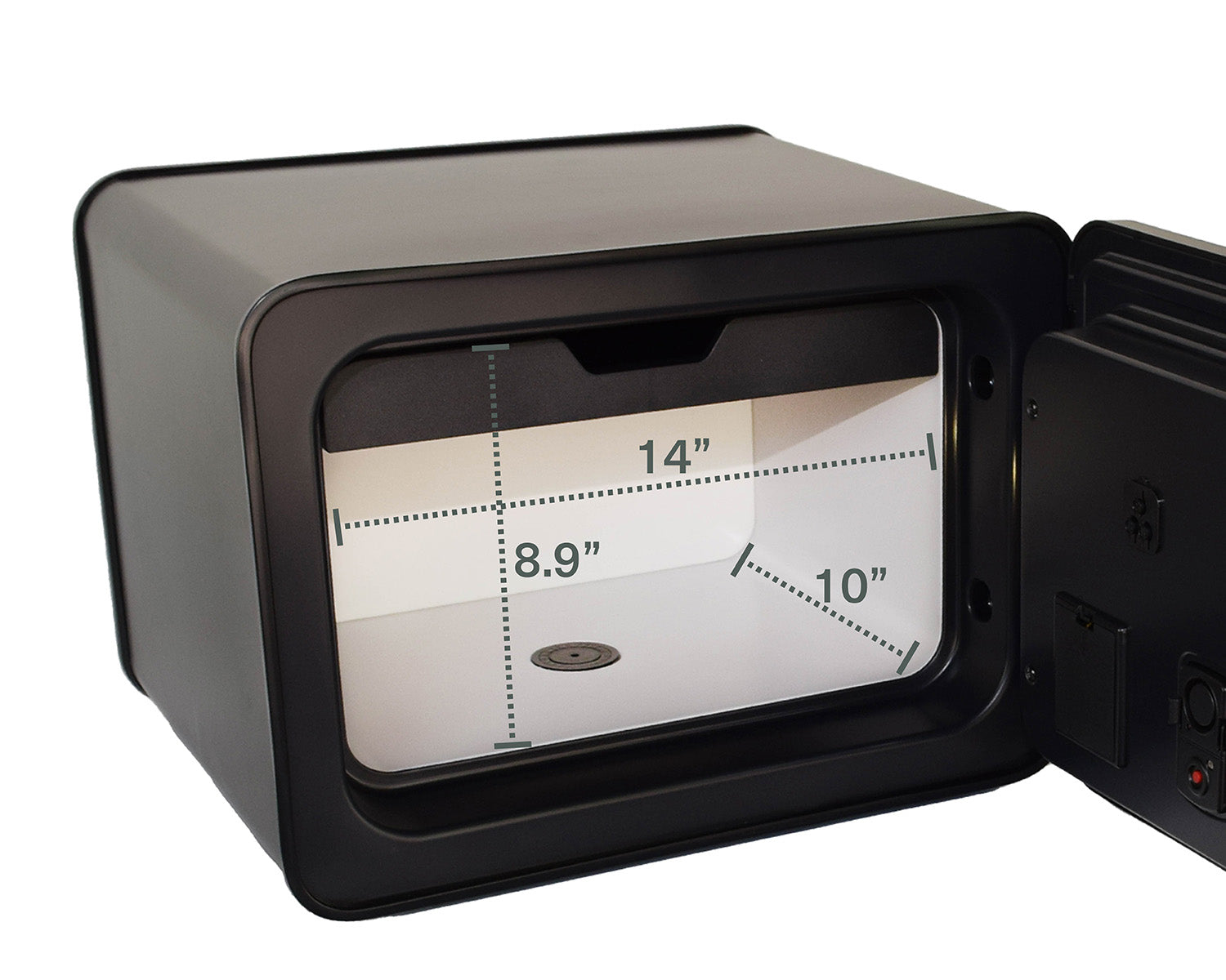 Photo of the interior of a Cocono 20 small safe for home showing dimensions: 14" x 8.9" x 10"