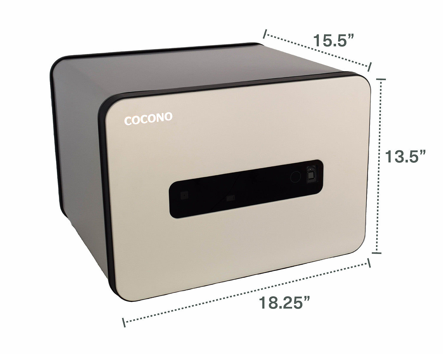 Photo of the exterior of a Cocono 20 small safe for home showing dimensions: 15.5" x 13.5" x 18.25"