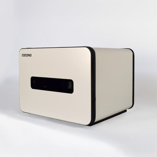 Small fireproof safe: Ivory white Cocono 20 small fire resistant safe showing biometric safe feature.