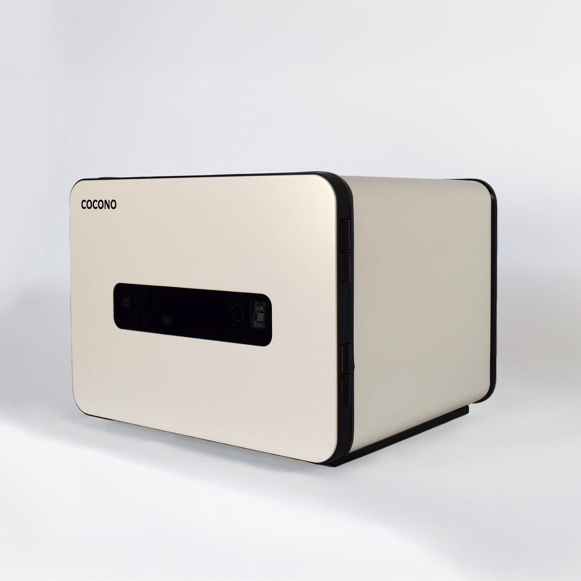 Small fireproof safe: Ivory white Cocono 20 small fire resistant safe showing biometric safe feature.