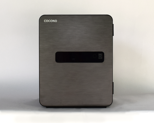 Photo of a modern, graphite, 40 liter Cocono safe for secure storage and organization.