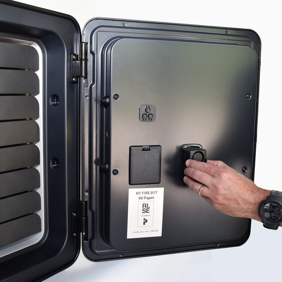 Medium size safe: Ivory Cocono 40 fire resistant home safe, used as a fireproof office safe. Cocono closet safe is shown with drawers (optional), highlighting burglar alarm.