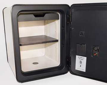 Medium size safe: Ivory Cocono 40 fire resistant home safe, fireproof office safe, closet safe, for secure storage and organization. Shown in standard configuration with drawer and shelf.